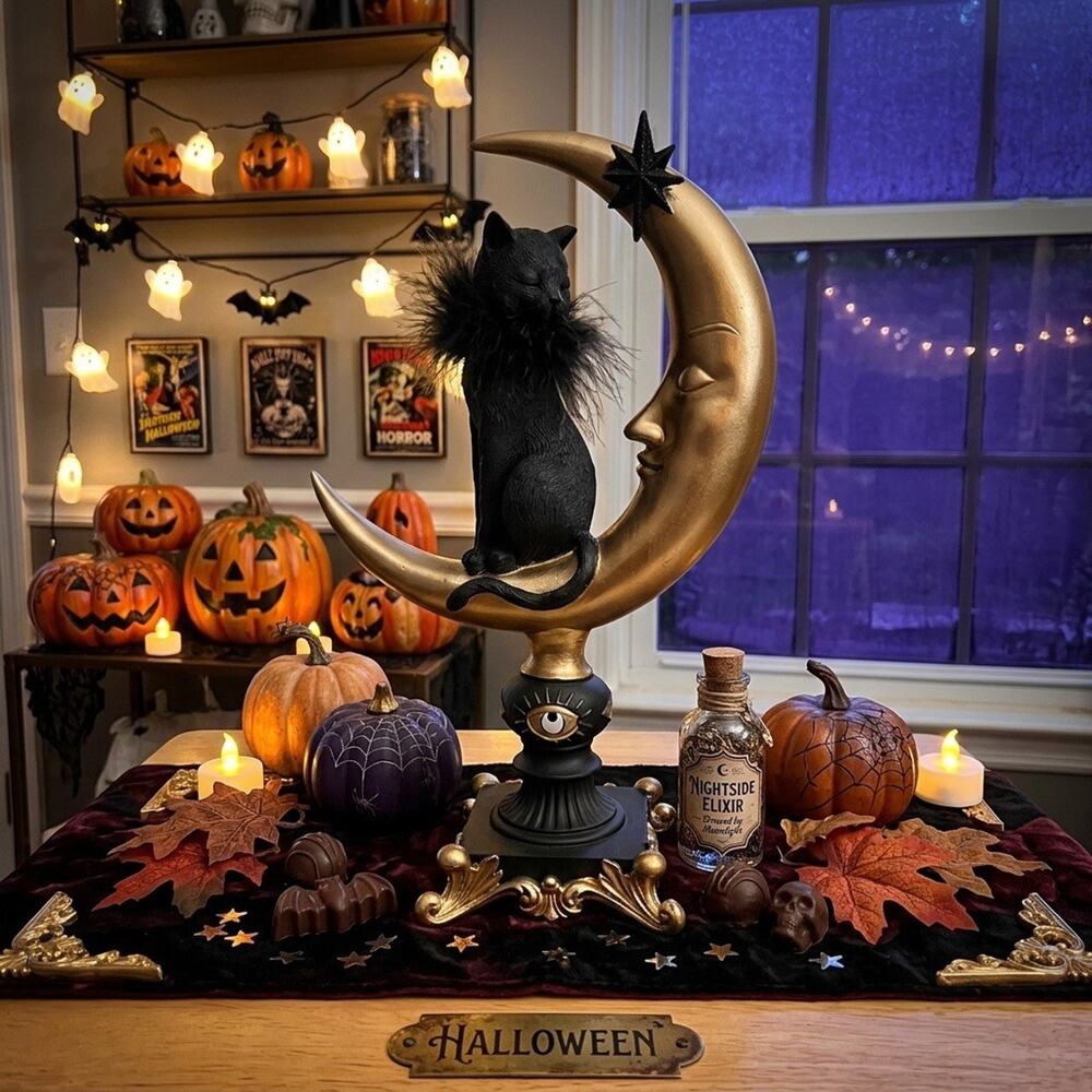 Eerie Charm Halloween Black Cat on Gold Crescent Moon Figurine 13.5 X 8 Inches
